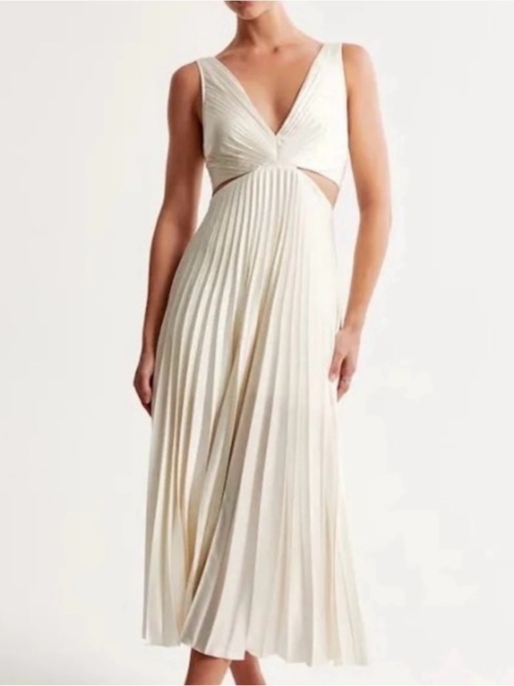 Abercrombie & Fitch Cream Pleated V-Neck Maxi Dress